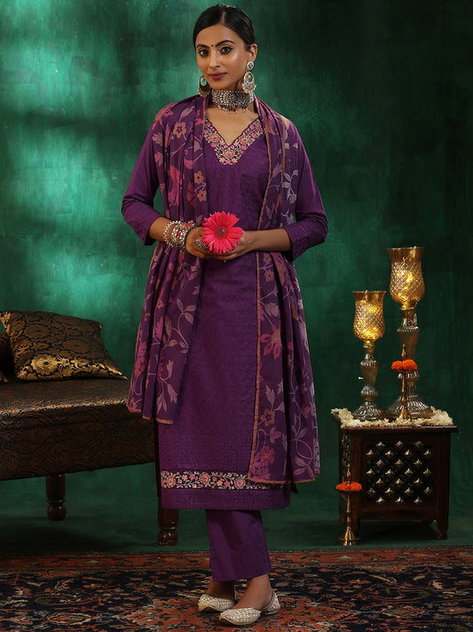 Floral Embroidered Sequinned Pure Cotton Straight Kurta With Trousers & Dupatta
