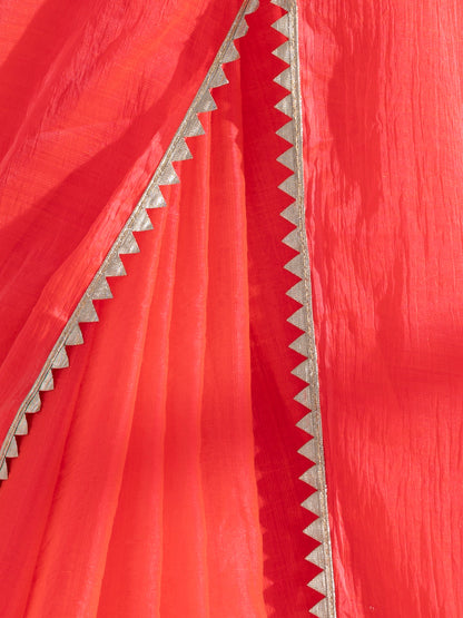 Dhiyona ST Watermelon Pink Chiffon Saree with Lace and Green Posh Blouse Fabric