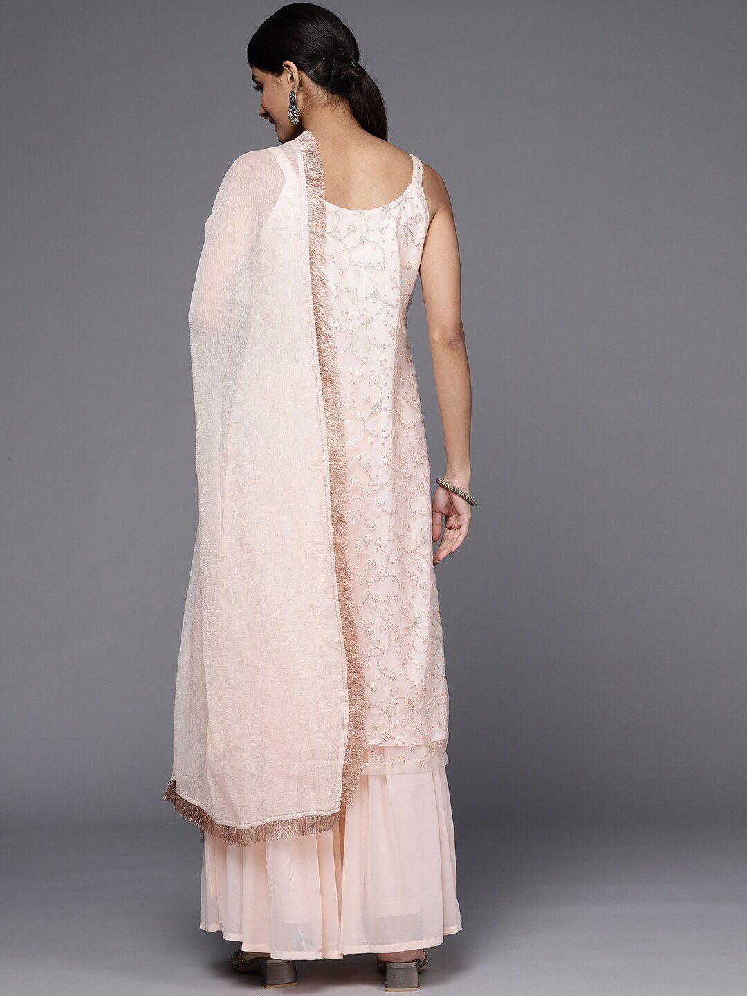 Dhiyona KL Floral Embroidered Sequinned Net Kurta With Sharara & Dupatta