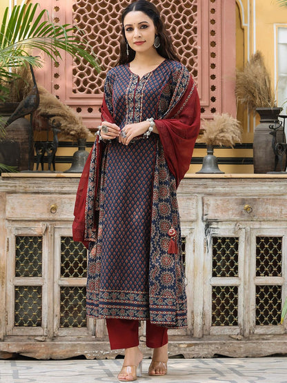 Dhiyona RR Women's Ethnic Motifs Printed Sequinned Pure Cotton Kurta Set