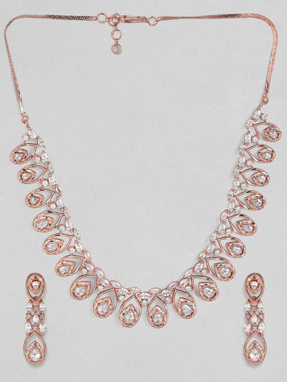 Dhiyona RJ Women's Rose Gold- Plated White CZ-Studded Handcrafted Statement Necklace Set