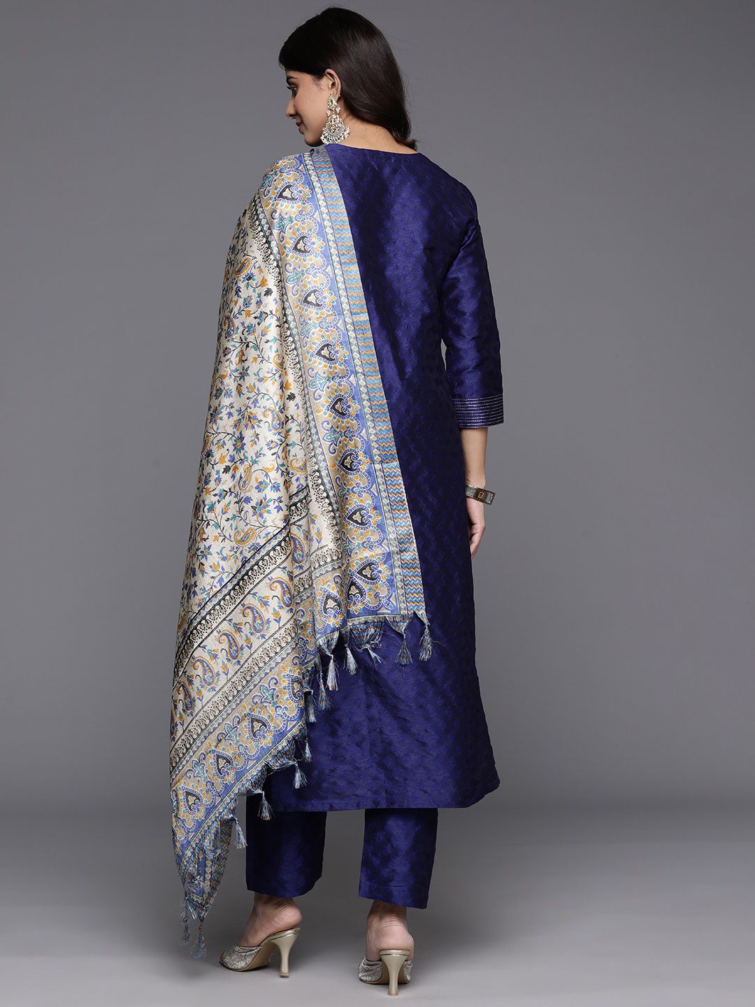 Navy Blue Woven Design Zari Kurta with Trousers & Dupatta