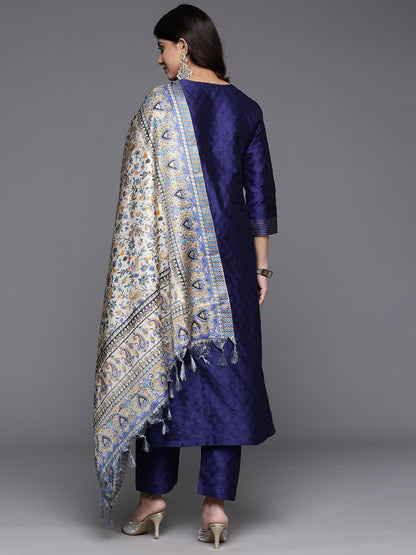 Navy Blue Woven Design Zari Kurta with Trousers & Dupatta