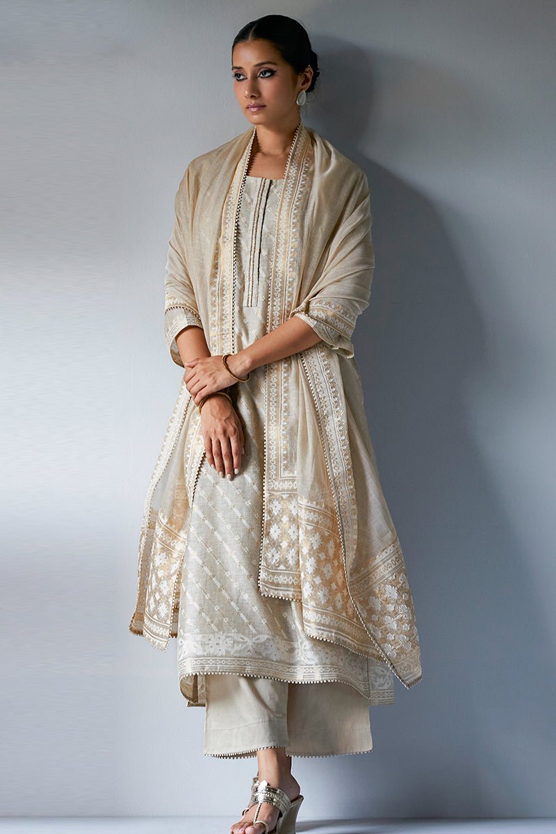 Women's Fog Beige Woven Zari Kurta Suit Set With Delicate Embroidery Detailing