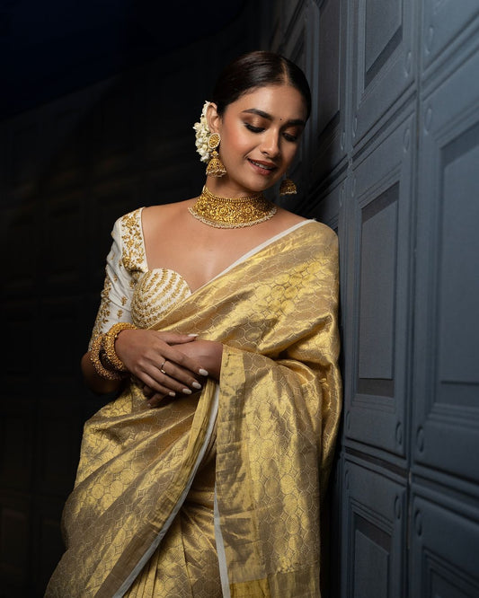 Dhiyona HH Keerthy Suresh Inspired Banarasi Soft Tissue Brocade Pattern Zari Silk Saree with Blouse Piece