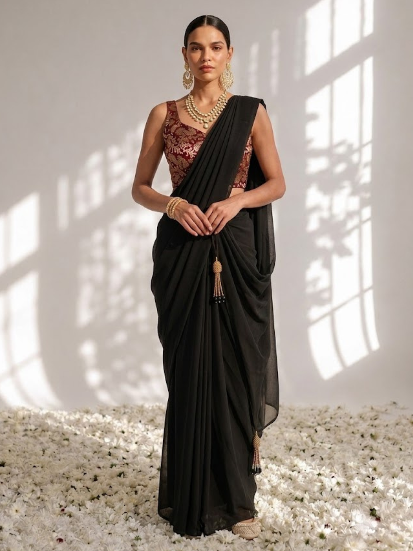 Dhiyona ST With Stitched Blouse - Maroon Brocade Blouse with Black Chiffon Saree (Blouse has sleeve attached)