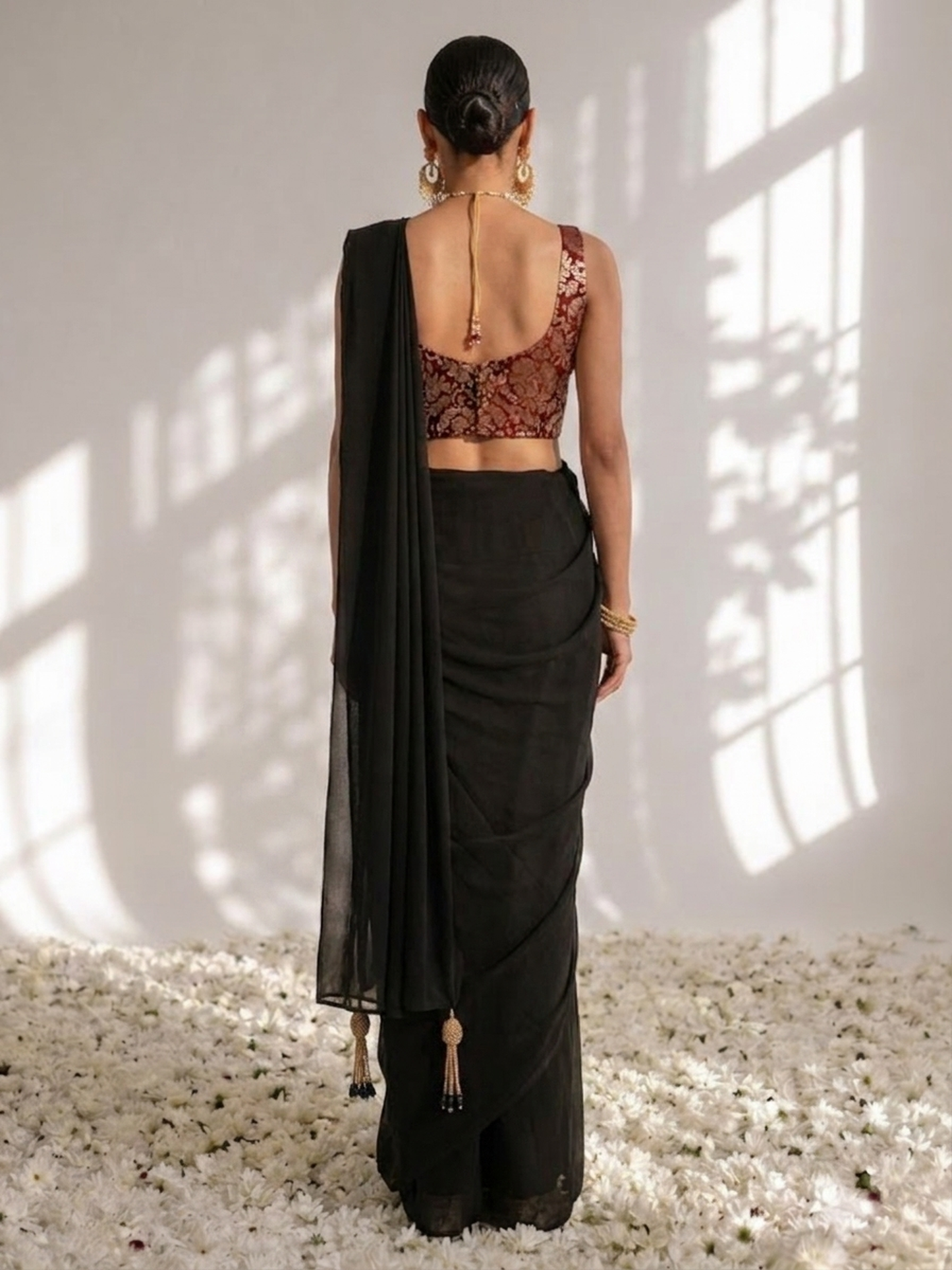 Dhiyona ST With Stitched Blouse - Maroon Brocade Blouse with Black Chiffon Saree (Blouse has sleeve attached)