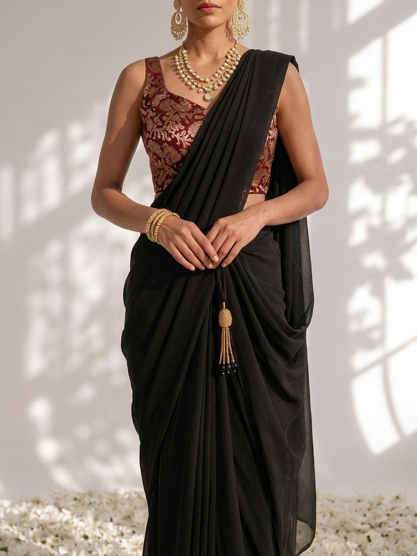 Dhiyona ST With Stitched Blouse - Maroon Brocade Blouse with Black Chiffon Saree (Blouse has sleeve attached)