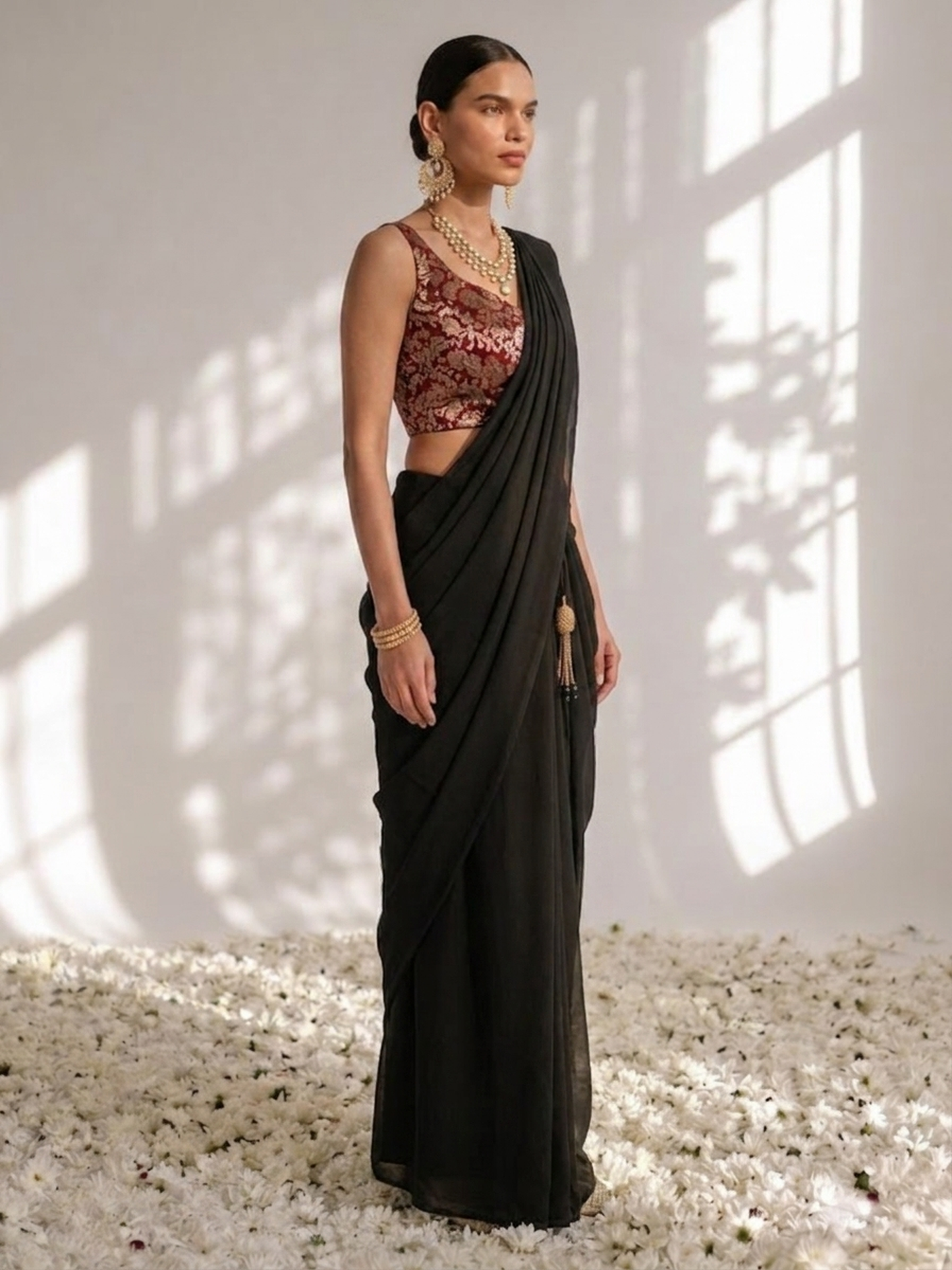 Dhiyona ST With Stitched Blouse - Maroon Brocade Blouse with Black Chiffon Saree (Blouse has sleeve attached)