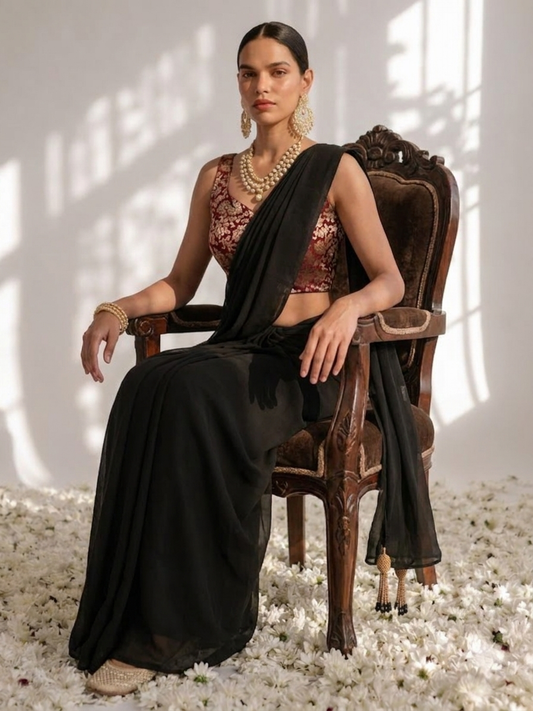 Dhiyona ST With Stitched Blouse - Maroon Brocade Blouse with Black Chiffon Saree (Blouse has sleeve attached)
