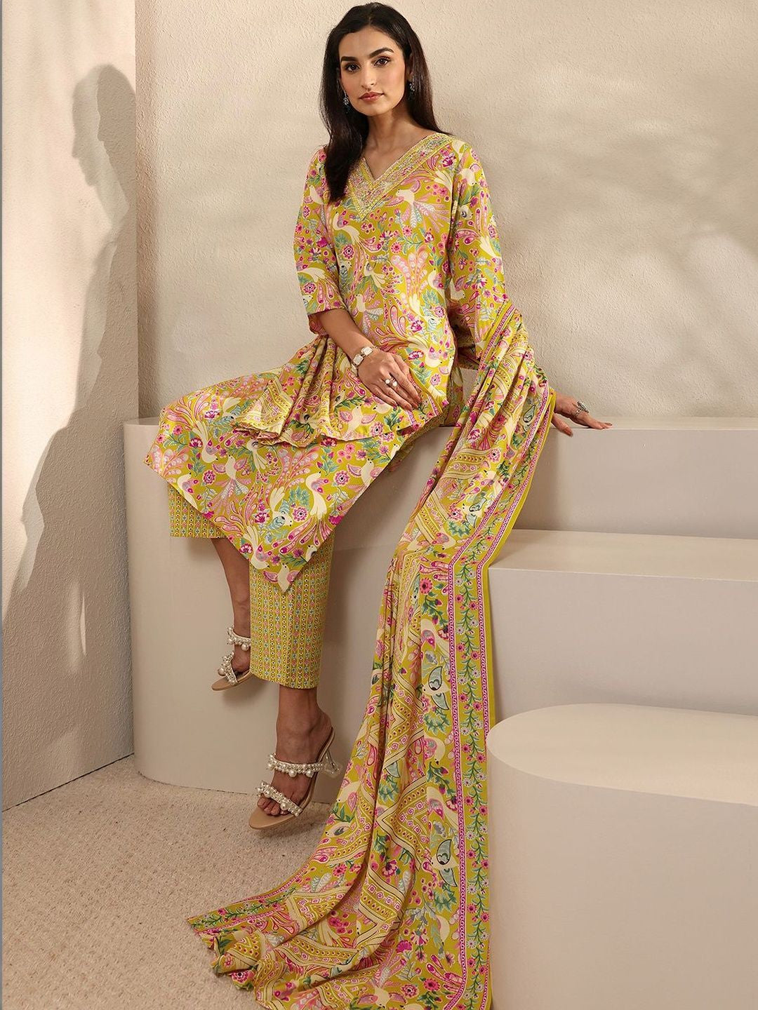 Women Ethnic Motifs Printed Regular Thread Work Kurta with Trousers & With Dupatta