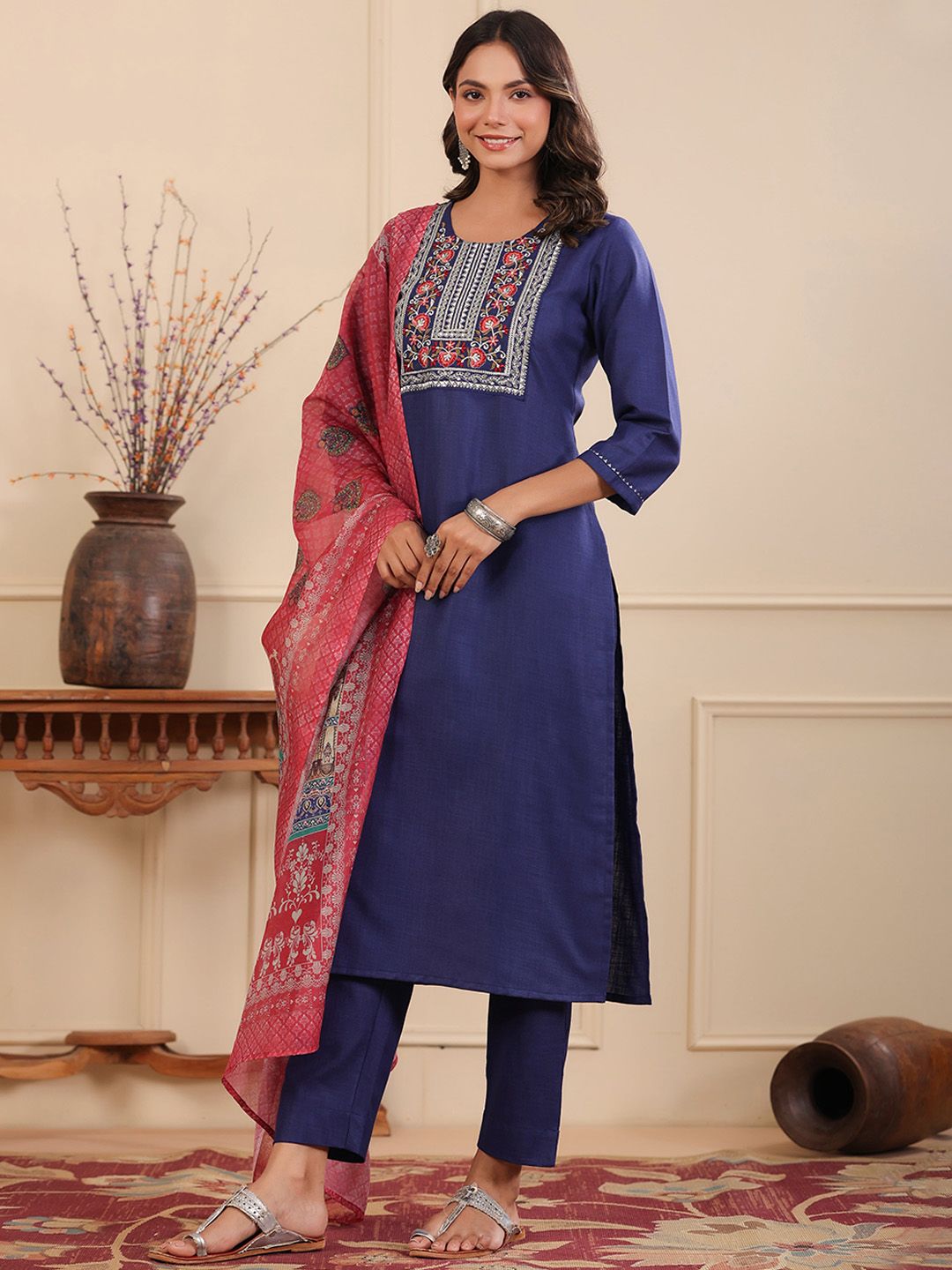 Dhiyona RR Women's Yoke Design Round Neck Thread Work Kurta Set With Dupatta