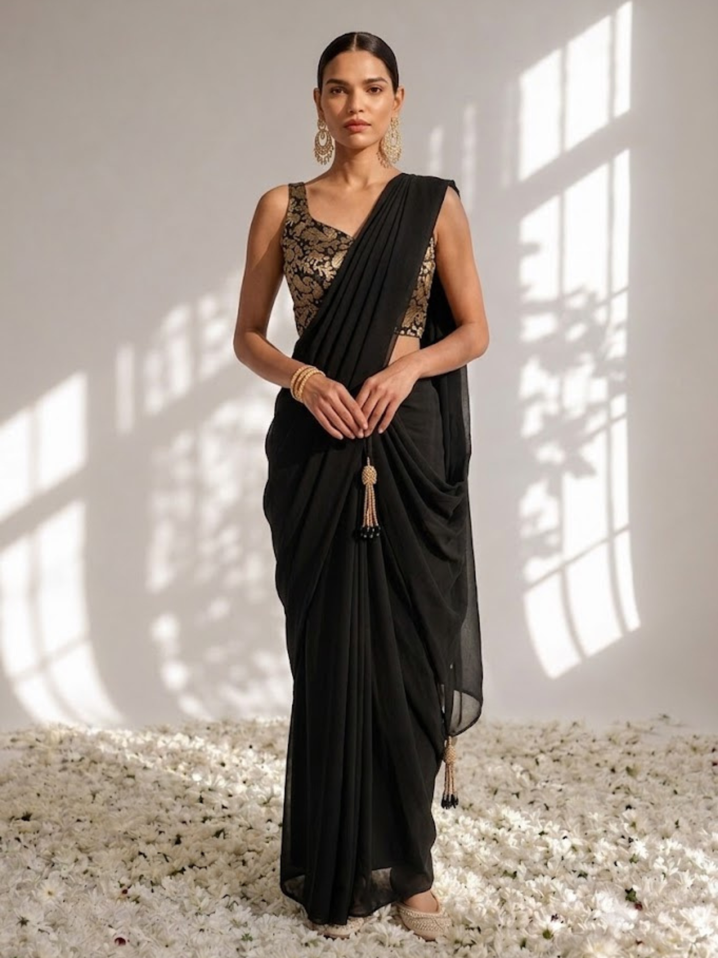 Dhiyona ST With Stitched Blouse - Black Brocade Blouse with Black Chiffon Saree (Blouse has sleeve attached)
