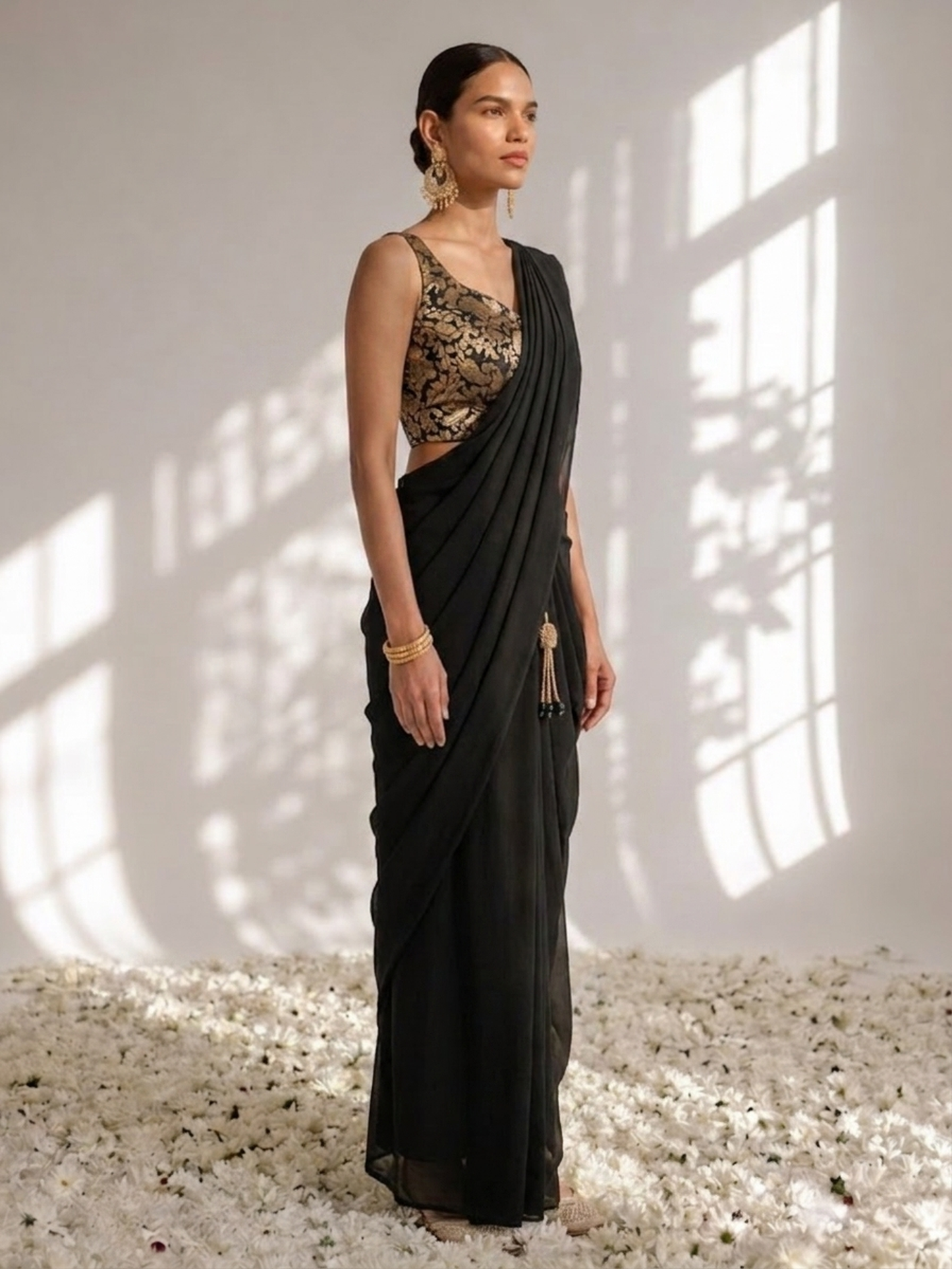 Dhiyona ST With Stitched Blouse - Black Brocade Blouse with Black Chiffon Saree (Blouse has sleeve attached)