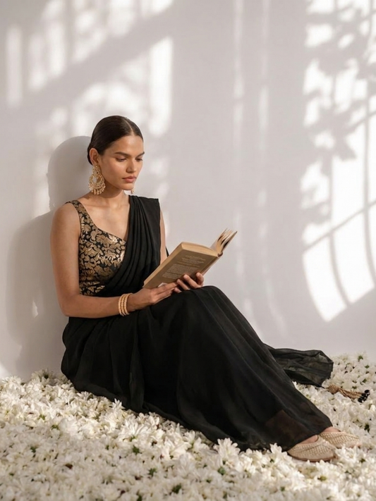 Dhiyona ST With Stitched Blouse - Black Brocade Blouse with Black Chiffon Saree (Blouse has sleeve attached)