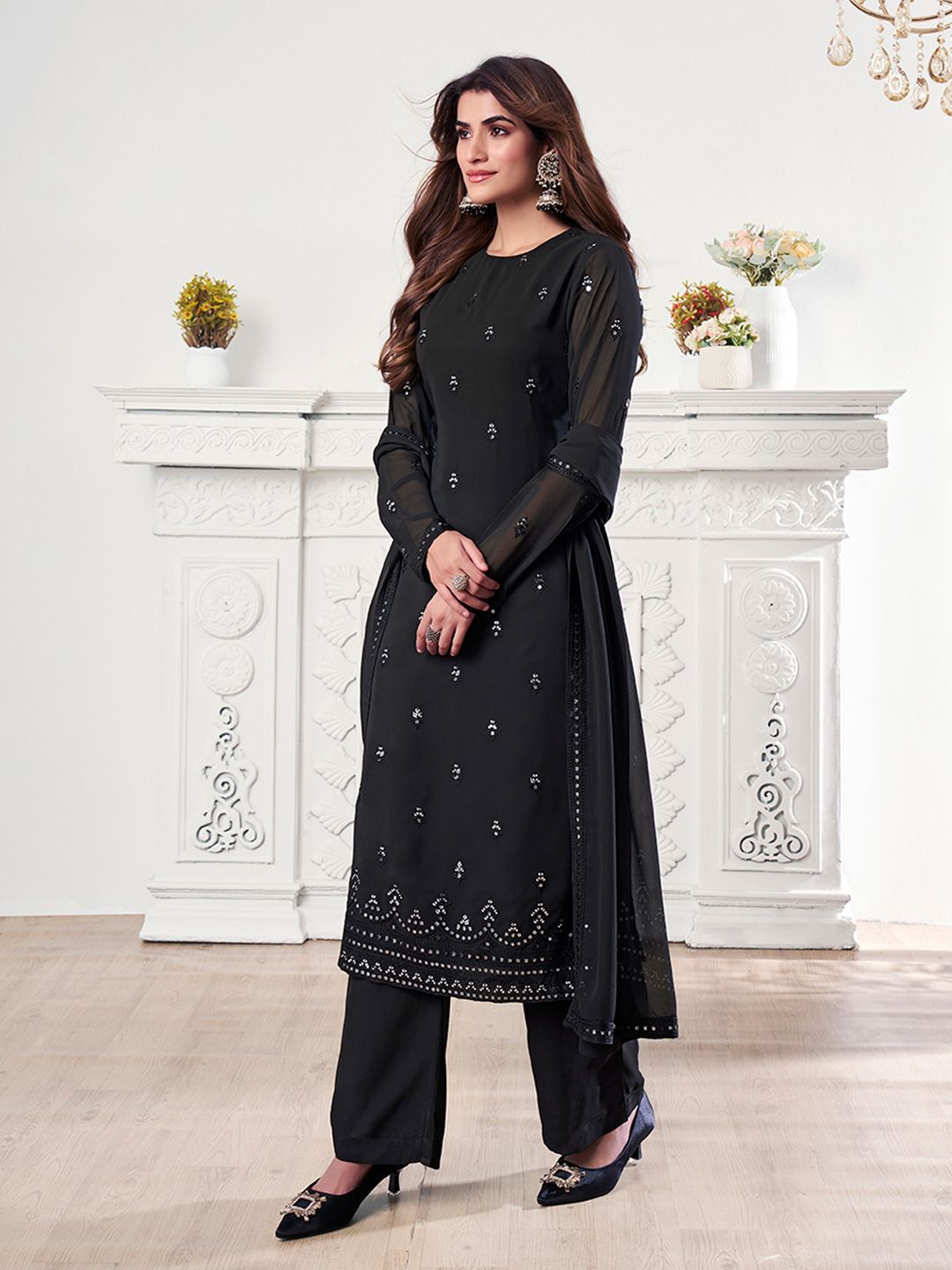 Dhiyona IN Women Ethnic Motifs Regular Sequinned Kurta with Palazzos & With Dupatta