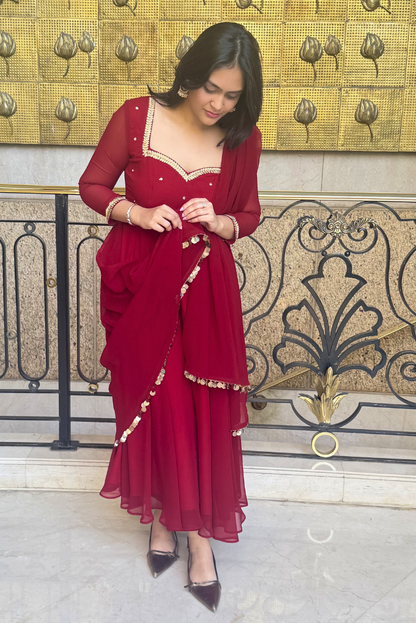 Dhiyona ST 3 pc Suit Set -Maroon Embroidered Georgette Anarkali 3/4th Sleeve Suit with Pants and Dupatta