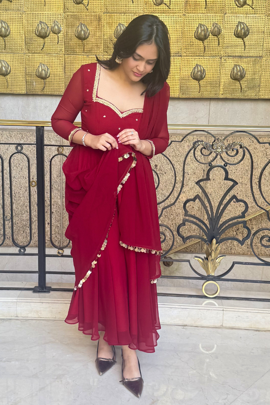Dhiyona ST 3 pc Suit Set -Maroon Embroidered Georgette Anarkali 3/4th Sleeve Suit with Pants and Dupatta