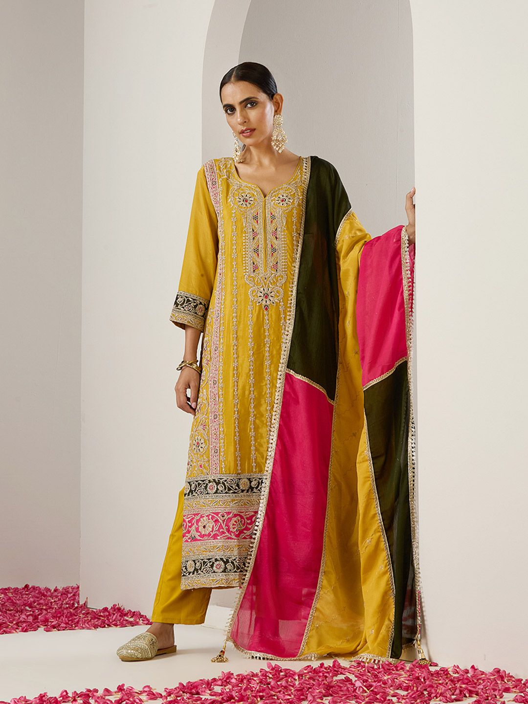Dhiyona IS Women's Ethnic Motifs Embroidered Regular Gotta Patti Straight Kurta with Trousers & Dupatta