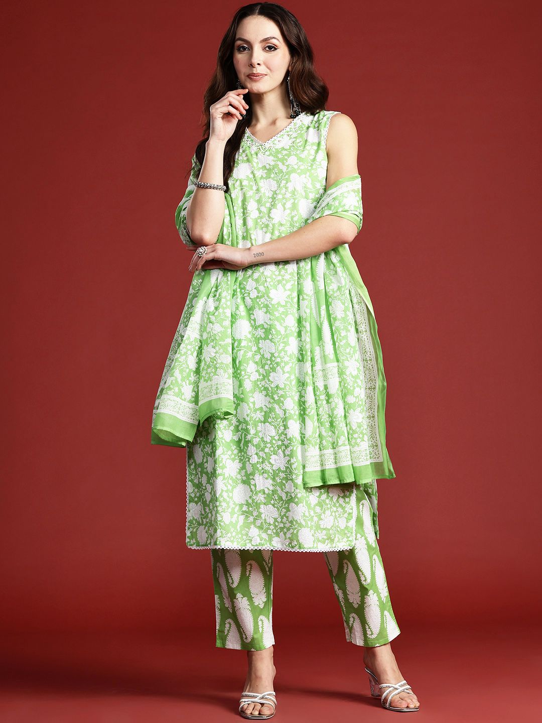 Paisley Printed Sequinned Pure Cotton Kurta with Trousers & With Dupatta