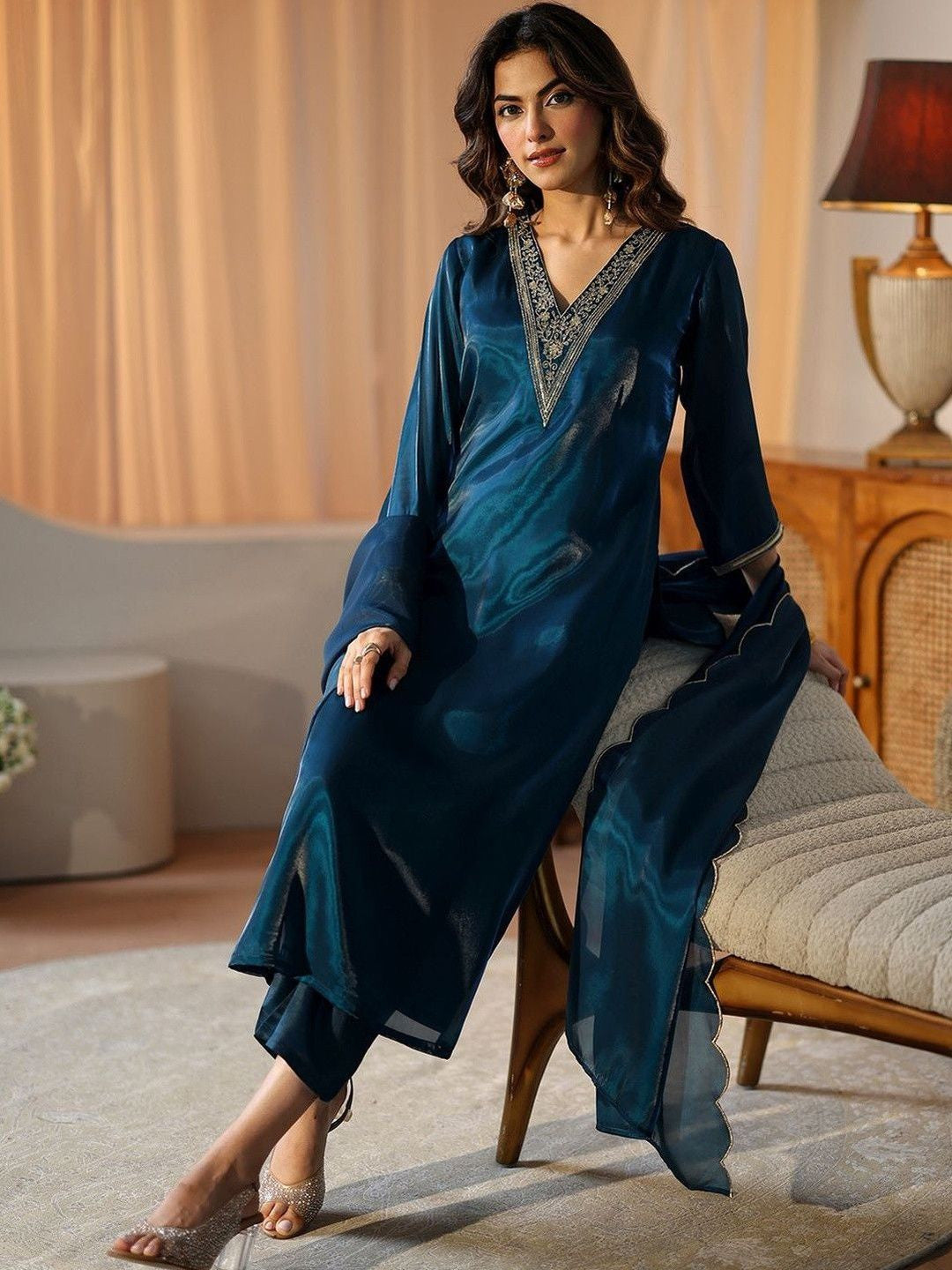 Libas Blue Yoke Design Tissue Straight Suit Set
