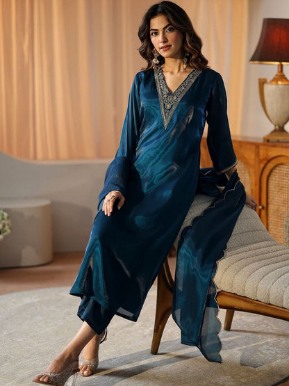 Libas Blue Yoke Design Tissue Straight Suit Set