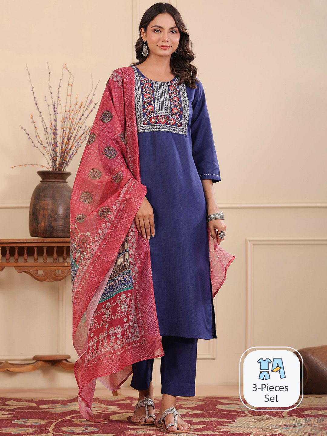 Dhiyona RR Women's Yoke Design Round Neck Thread Work Kurta Set With Dupatta