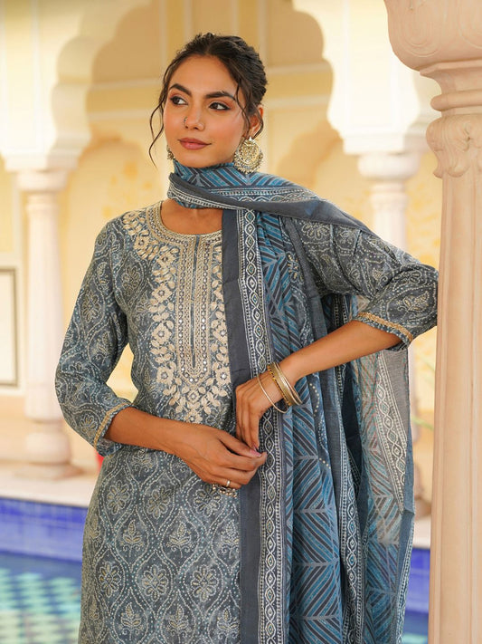 Dhiyona KL Floral Printed Regular Kurta With Trousers & Dupatta