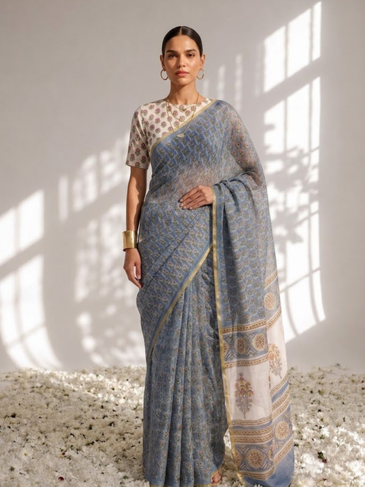Dhiyona ST Blue Pure Silk Chiffon Printed Saree with Blouse Fabric
