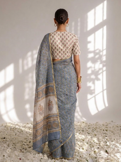 Dhiyona ST Blue Pure Silk Chiffon Printed Saree with Blouse Fabric