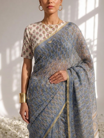 Dhiyona ST Blue Pure Silk Chiffon Printed Saree with Blouse Fabric