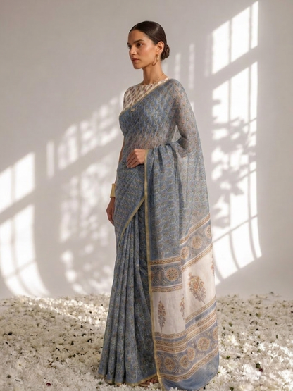 Dhiyona ST Blue Pure Silk Chiffon Printed Saree with Blouse Fabric