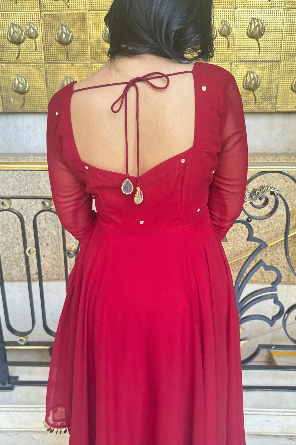 Dhiyona ST 3 pc Suit Set -Maroon Embroidered Georgette Anarkali 3/4th Sleeve Suit with Pants and Dupatta