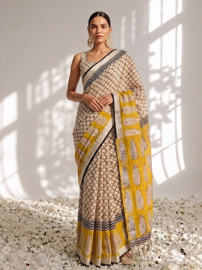 Dhiyona ST Yellow and Grey Pure Silk Kota Printed Saree with Blouse Fabric