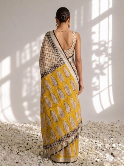 Dhiyona ST Yellow and Grey Pure Silk Kota Printed Saree with Blouse Fabric