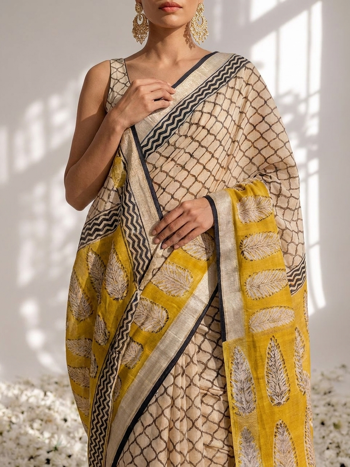 Dhiyona ST Yellow and Grey Pure Silk Kota Printed Saree with Blouse Fabric