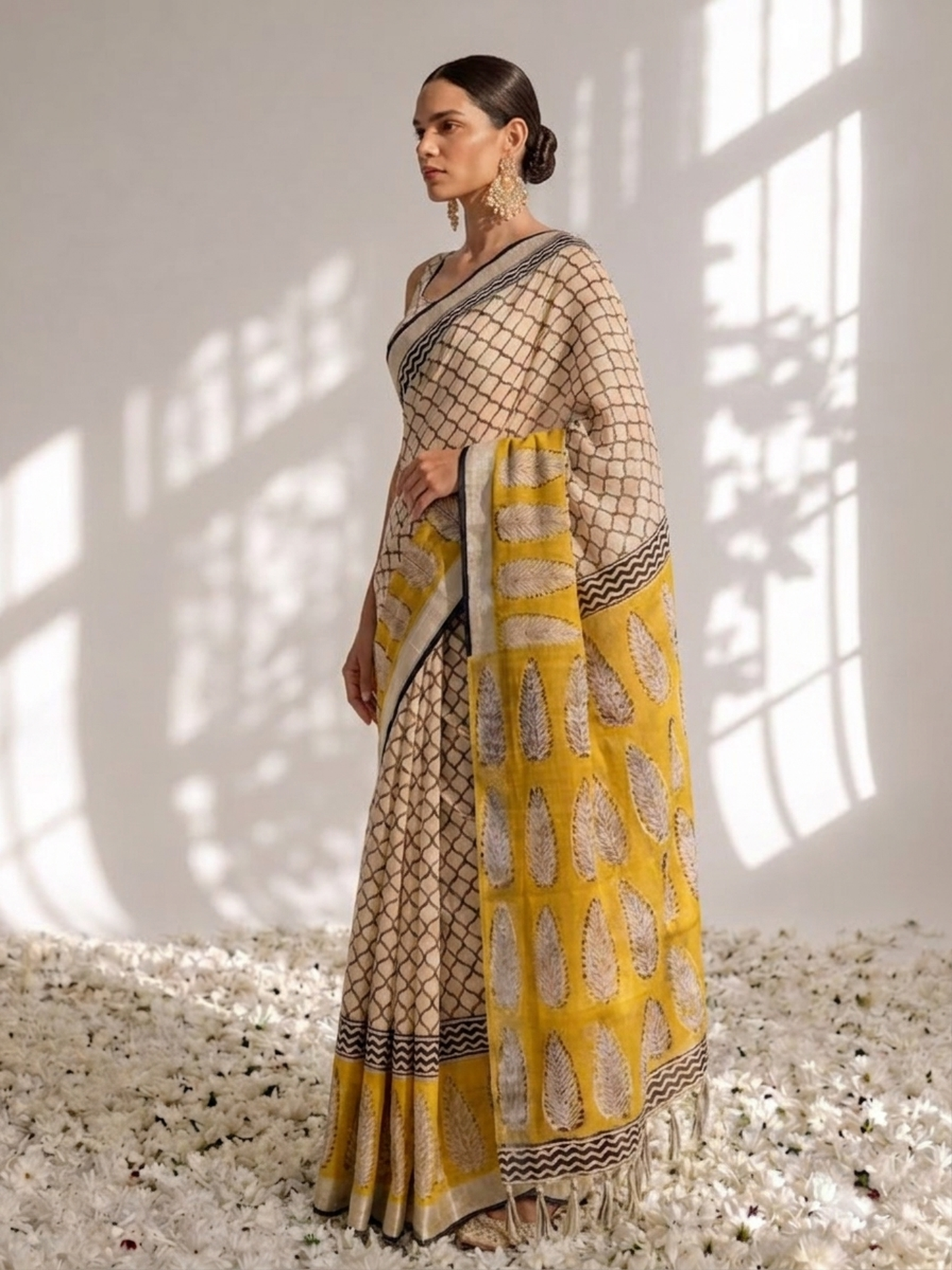 Dhiyona ST Yellow and Grey Pure Silk Kota Printed Saree with Blouse Fabric