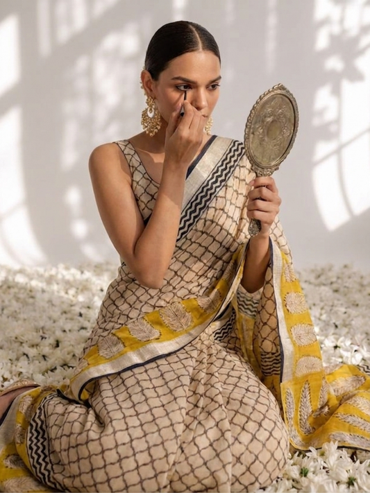 Dhiyona ST Cream and Yellow Hand Printed Geometrical Soft Cotton Saree