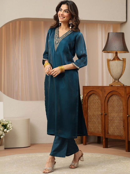 Libas Blue Yoke Design Tissue Straight Suit Set