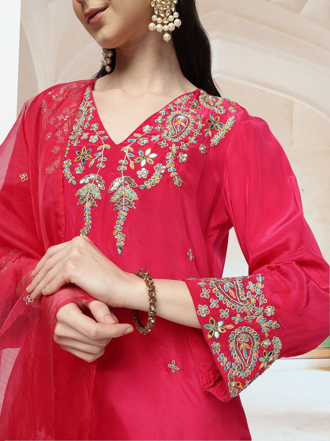 Dhiyona IS Women's Women Ethnic Motifs Embroidered Regular Thread Work Kurta with Trousers & With Dupatta