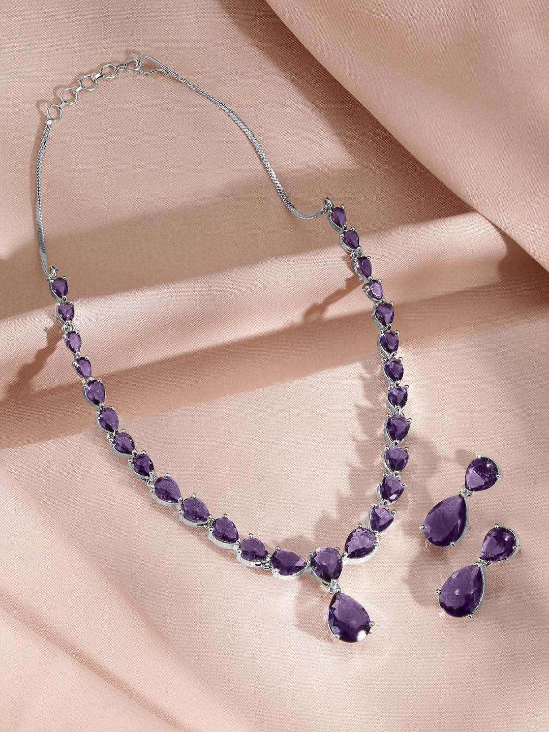 Dhiyona RJ Women's Rhodium-Plated Amethyst Purple AD & Cubic Zirconia Studded Necklace Set