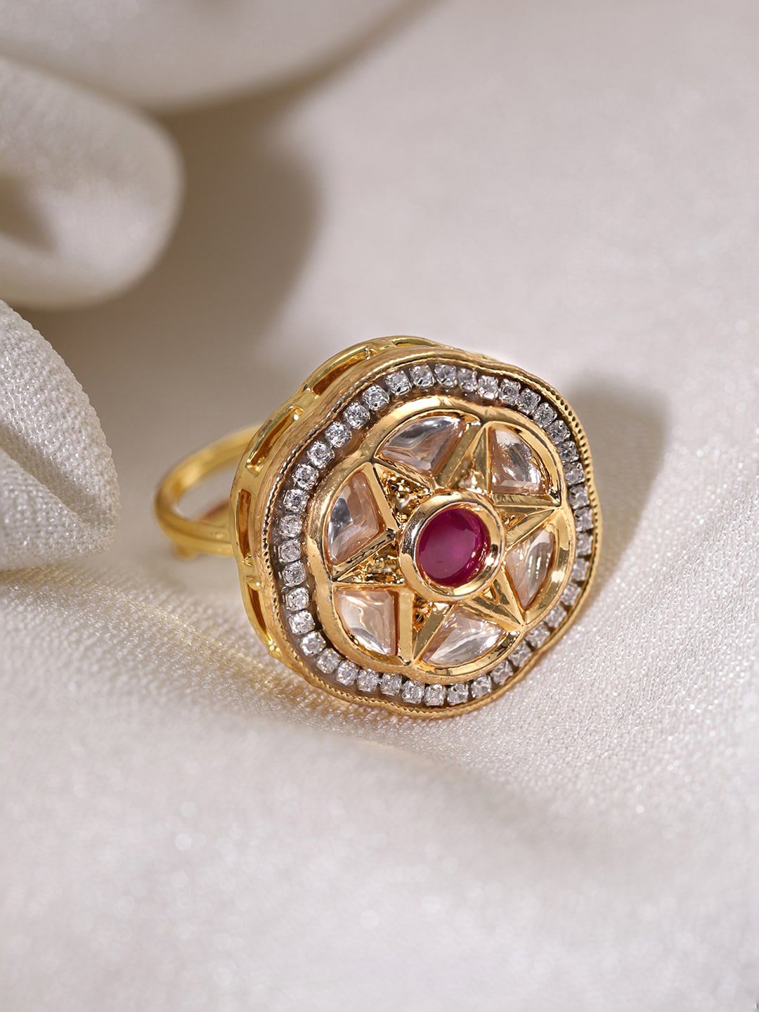 Dhiyona RJ Women's 18K Gold Plated Ruby With Kundan & Cubic Zirconia Studded Adjustable Finger Ring