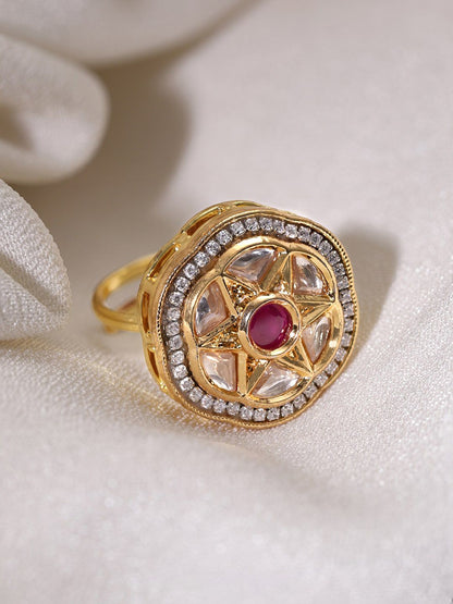 Dhiyona RJ Women's 18K Gold Plated Ruby With Kundan & Cubic Zirconia Studded Adjustable Finger Ring