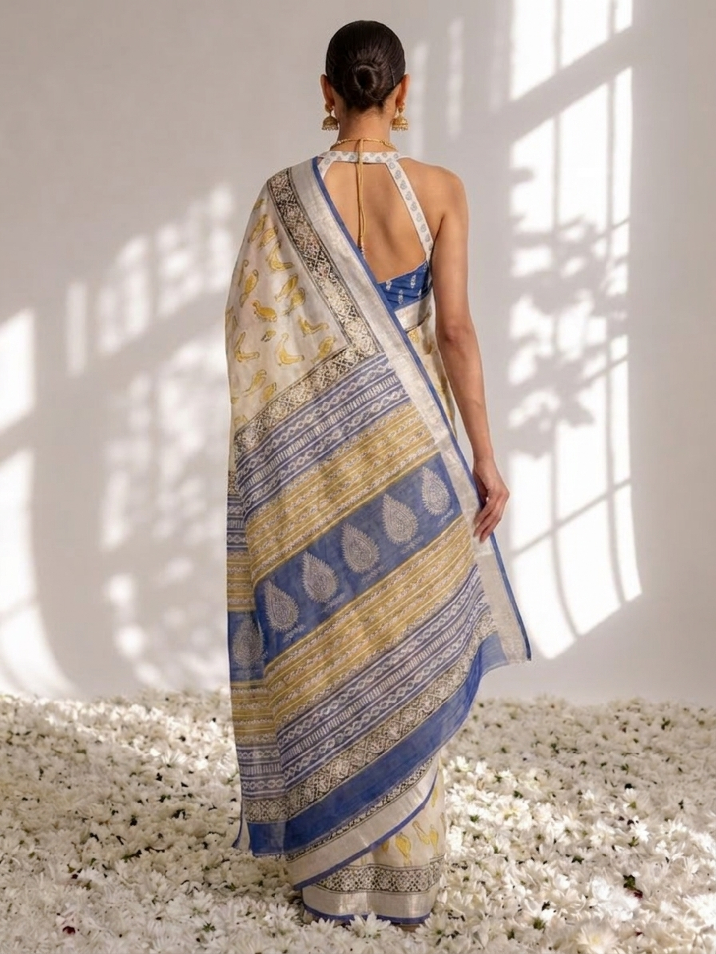 Dhiyona ST Cream and Blue Yellow Hand Printed Soft Cotton Saree with Blouse Fabric