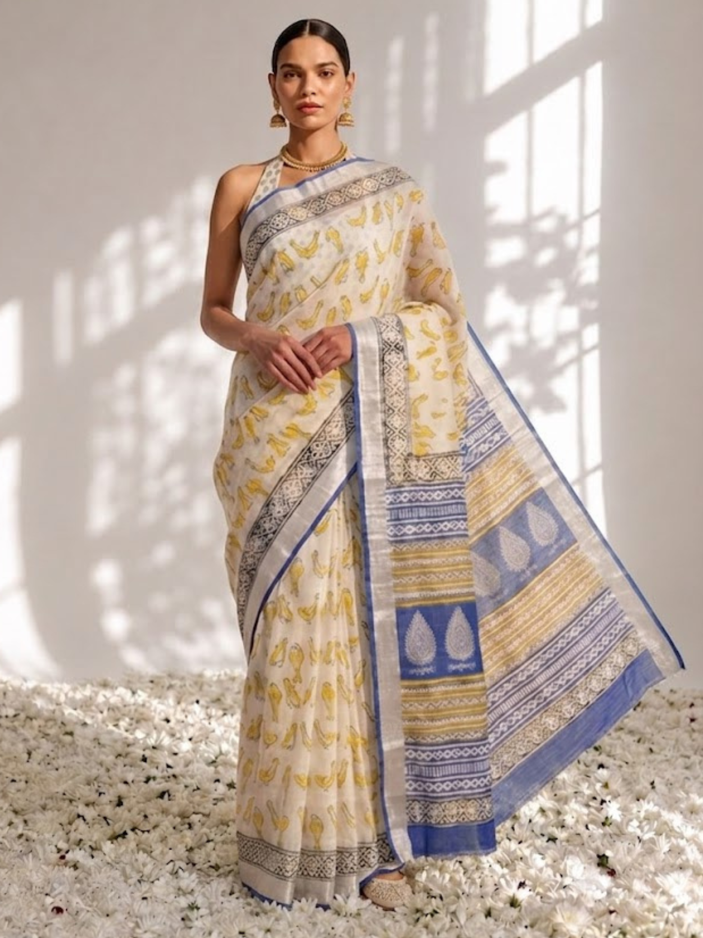 Dhiyona ST Cream and Blue Yellow Hand Printed Soft Cotton Saree with Blouse Fabric