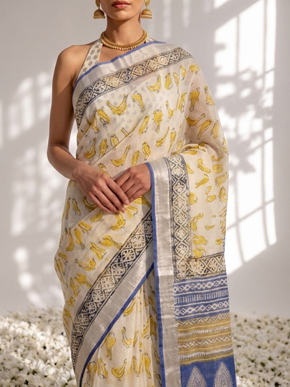 Dhiyona ST Cream and Blue Yellow Hand Printed Soft Cotton Saree with Blouse Fabric