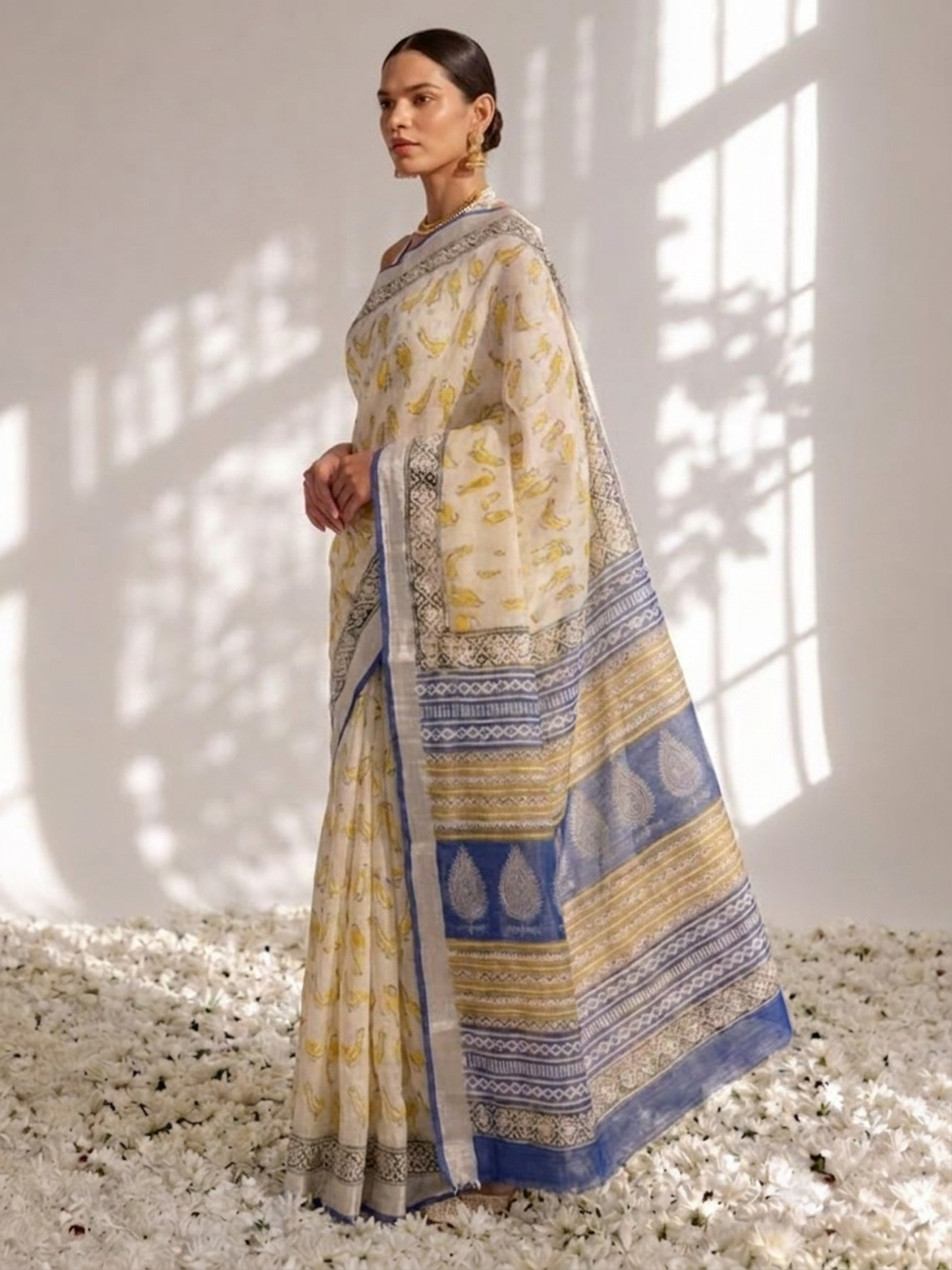 Dhiyona ST Cream and Blue Yellow Hand Printed Soft Cotton Saree with Blouse Fabric