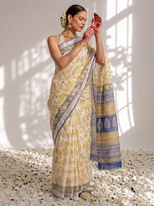 Dhiyona ST Cream and Blue Yellow Hand Printed Soft Cotton Saree with Blouse Fabric