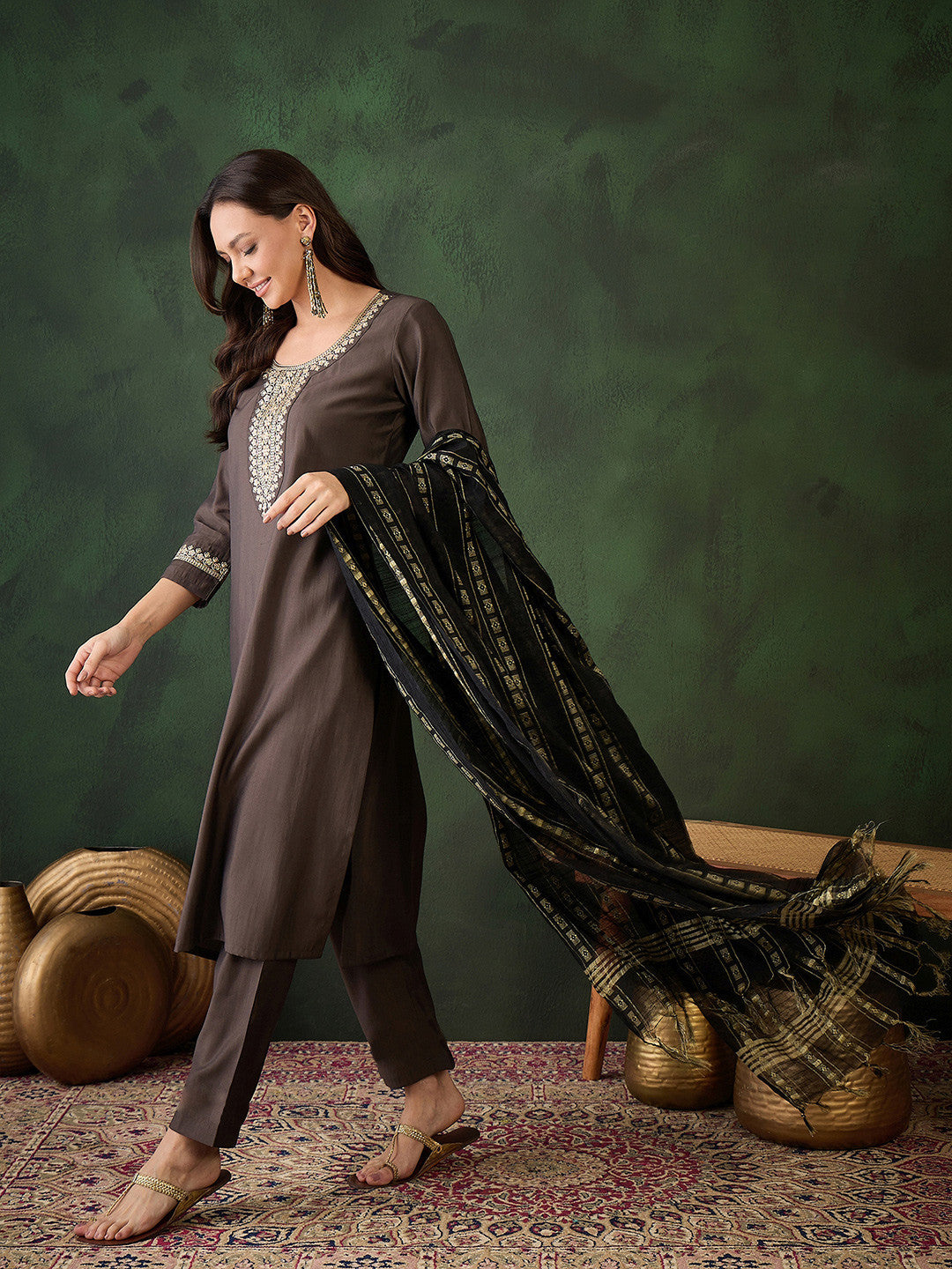 Women Embroidered Three Quarter Sleeves Kurta & Trousers With Dupatta