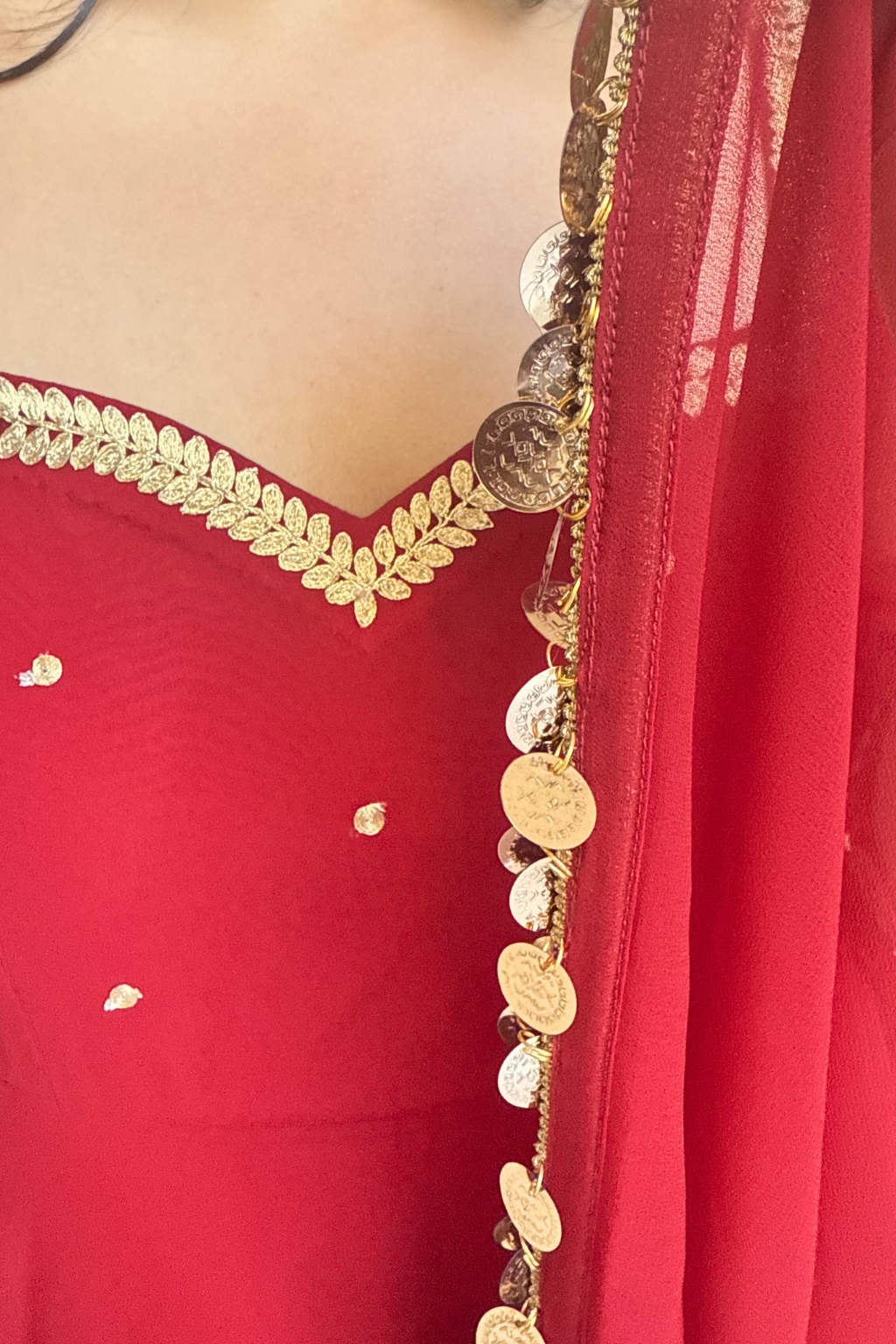Dhiyona ST 3 pc Suit Set -Maroon Embroidered Georgette Anarkali 3/4th Sleeve Suit with Pants and Dupatta